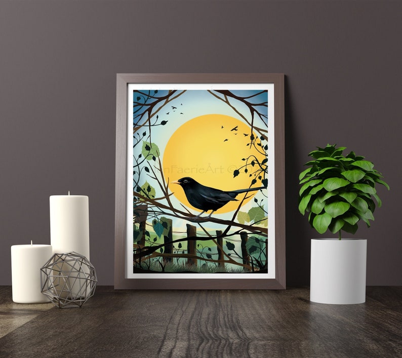 Blackbird Nature Art Print Bird Song Chorus Garden Wildlife Wall Decor Sun Symbolism Illustration Unframed Digital Drawing Poster image 1