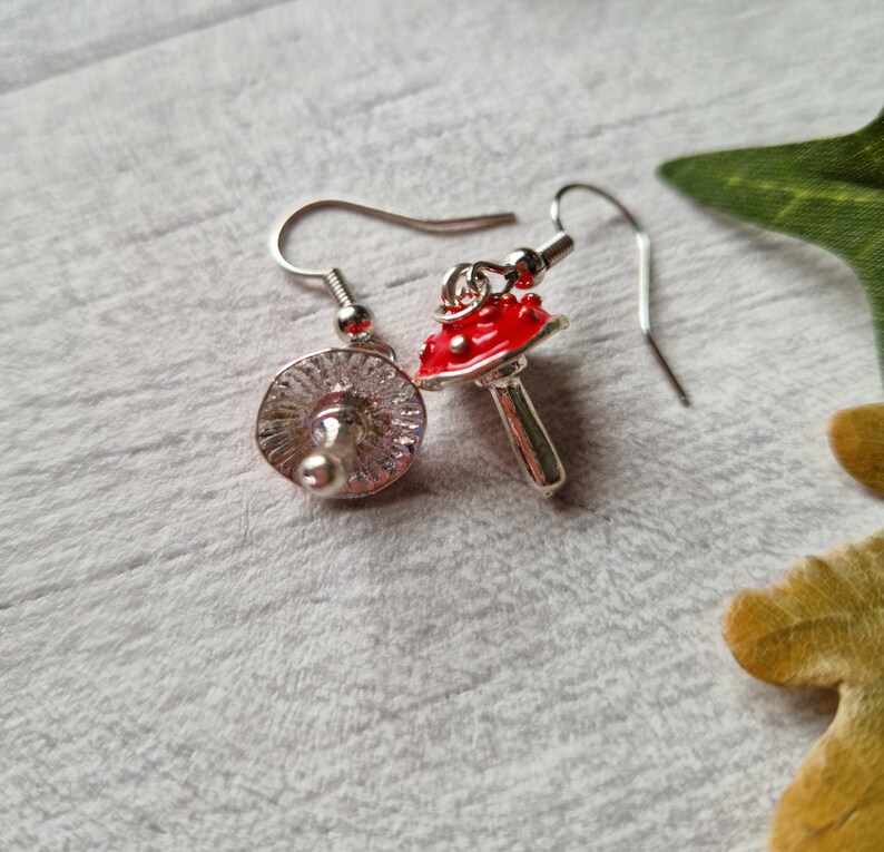 Red Agaric Mushroom Silver Earrings 3D Woodland Jewellery Wild Fungi Fungus Metal Forest Charm Nature Lover Autumnal Gift image 5