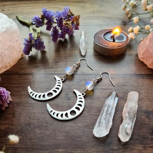 Lunar Moon Phases Goddess Silver Earrings Opalite Crystal Jewellery Crescent Waxing Waning Luna Pagan Wiccan Faery Moon Child image 9
