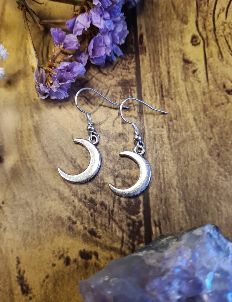 Lunar Moon Phases Goddess Silver Earrings Opalite Crystal Jewellery Crescent Waxing Waning Luna Pagan Wiccan Faery Moon Child CRESCENT - NO BEADS