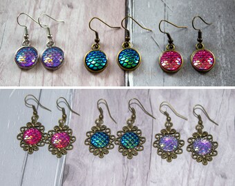 Mermaid Scale Drop Earrings - Iridescent Dragon Scales - Bronze Dangle Jewellery - Fantasy Accessories - Mythical Creatures - Birthday Gift