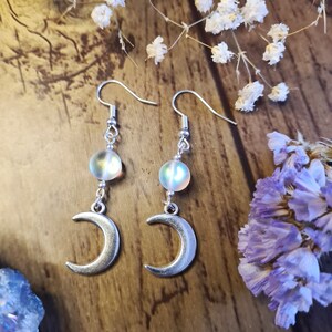 Lunar Moon Phases Goddess Silver Earrings Opalite Crystal Jewellery Crescent Waxing Waning Luna Pagan Wiccan Faery Moon Child CRESCENT - BEADS