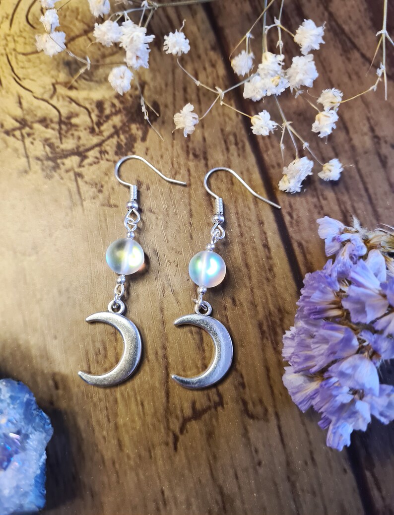 Lunar Moon Phases Goddess Silver Earrings Opalite Crystal Jewellery Crescent Waxing Waning Luna Pagan Wiccan Faery Moon Child CRESCENT - BEADS