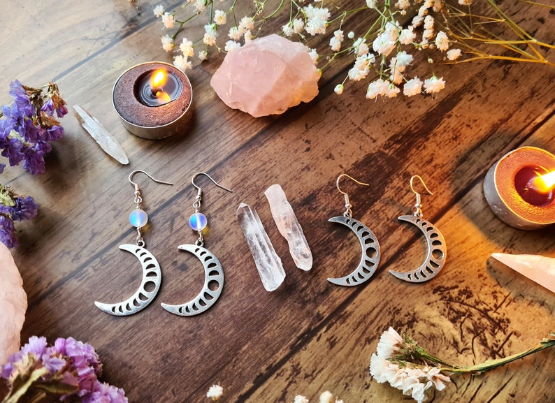 Lunar Moon Phases Goddess Silver Earrings Opalite Crystal Jewellery Crescent Waxing Waning Luna Pagan Wiccan Faery Moon Child image 2