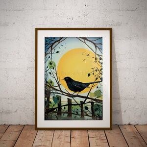 Blackbird Nature Art Print Bird Song Chorus Garden Wildlife Wall Decor Sun Symbolism Illustration Unframed Digital Drawing Poster image 3