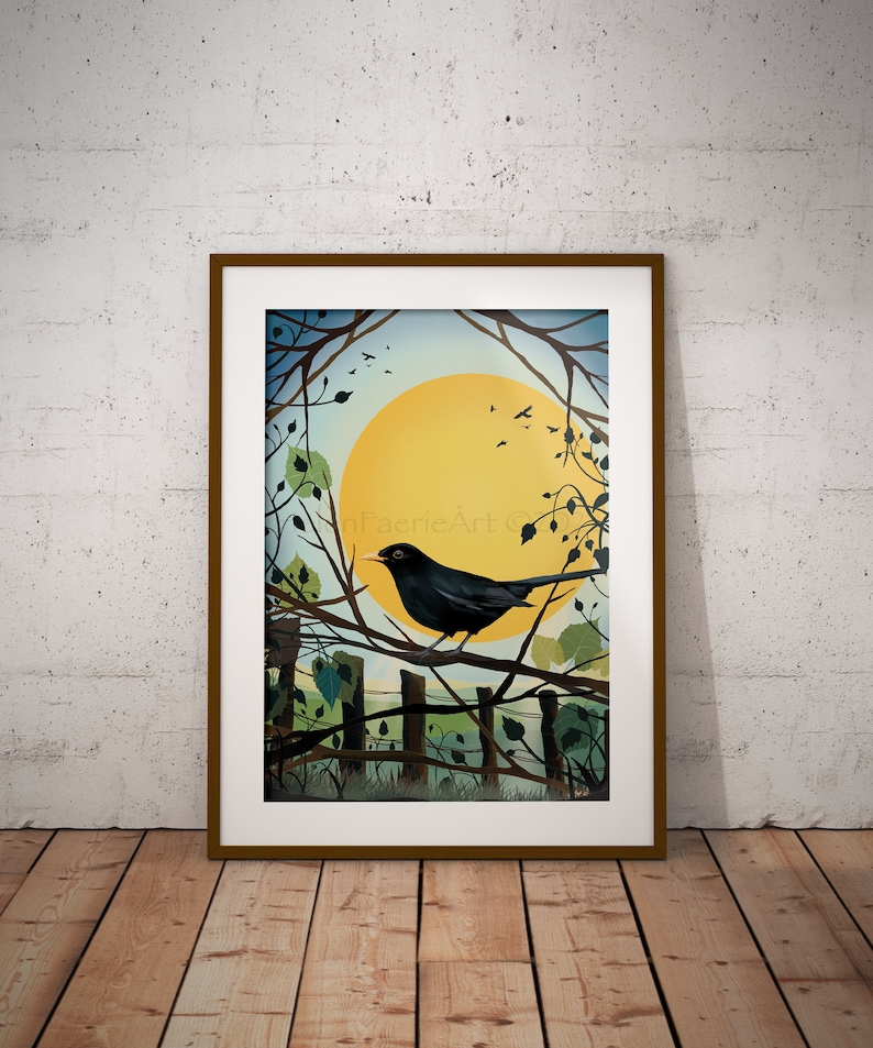 Blackbird Nature Art Print Bird Song Chorus Garden Wildlife Wall Decor Sun Symbolism Illustration Unframed Digital Drawing Poster image 3