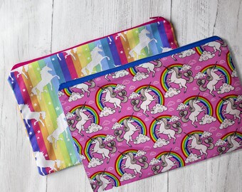 Unicorn Rainbow Pencil Case - Zipper Pouch - Coin Purse - Handmade Cotton Purse - Stationary Addict - LGBTQ Pride - Magical Gifts