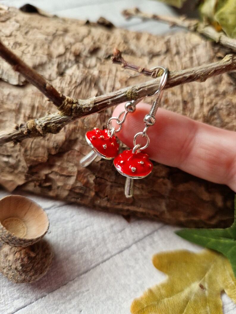 Red Agaric Mushroom Silver Earrings 3D Woodland Jewellery Wild Fungi Fungus Metal Forest Charm Nature Lover Autumnal Gift image 2