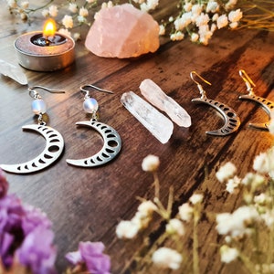 Lunar Moon Phases Goddess Silver Earrings Opalite Crystal Jewellery Crescent Waxing Waning Luna Pagan Wiccan Faery Moon Child image 8