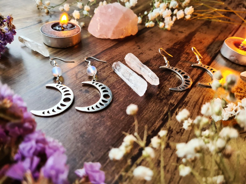 Lunar Moon Phases Goddess Silver Earrings Opalite Crystal Jewellery Crescent Waxing Waning Luna Pagan Wiccan Faery Moon Child image 8