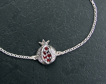 Pomegranate Charm Bracelet  925 Sterling Silver Red Zircon, thin chain delicate bracelet - Armenian Handmade Jewelry, Gift for Her