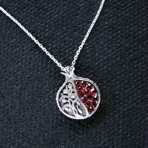 Pendant Pomegranate and Tree of Life Sterling Silver 925 with Red Zircon, Silver Chain as a Gift - Armenian Handmade Jewelry, Gift for Her