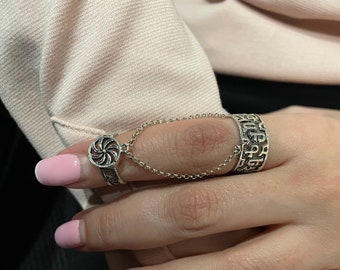 Silver Adjustable multi-finger rings Armenian Alphabet and Wheel of Eternity, Chains linked Double Rings, Armenian Handmade Jewelry