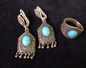 Armenian Jewelry Set Earrings and Ring Sterling Silver 925 Antique Ethnic Style with Turquoise, Armenian Handmade Jewelry, Party Earrings,