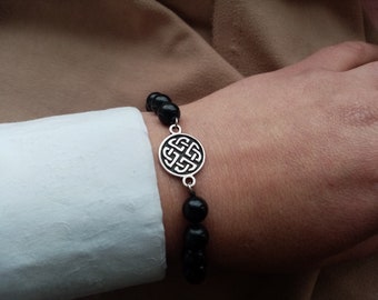 Beaded Bracelet Black Onyx Stone and Celtic Shield Knot Charm Sterling Silver 925, Gift for Him, Gift For Her, Yoga Bracelet