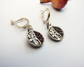 Earrings Pomegranate and Tree of Life Sterling Silver 925 with Red Zircons - Armenian Handmade Jewelry, Gift for Her