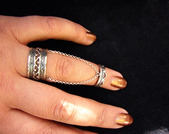 Silver Double Rings Ethnic Style, Chains linked, Adjustable multi-finger rings, Gift for Her, Armenian Handmade Jewelry