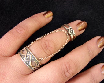 Silver Double Rings Antique Style, Chains linked, Adjustable multi-finger rings, Gift for Her, Armenian Handmade Jewelry