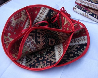 Handmade Fabric Divided Roll Muffins Basket, Biscuit Holder, Kitchen Organizer in Ethnic Armenian Carpet Pattern, Reversible Fabric Tray