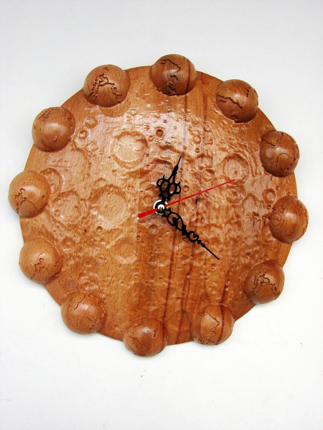 Wall Wooden Clock Hand Carved Moon With Earth Phases Round Etsy