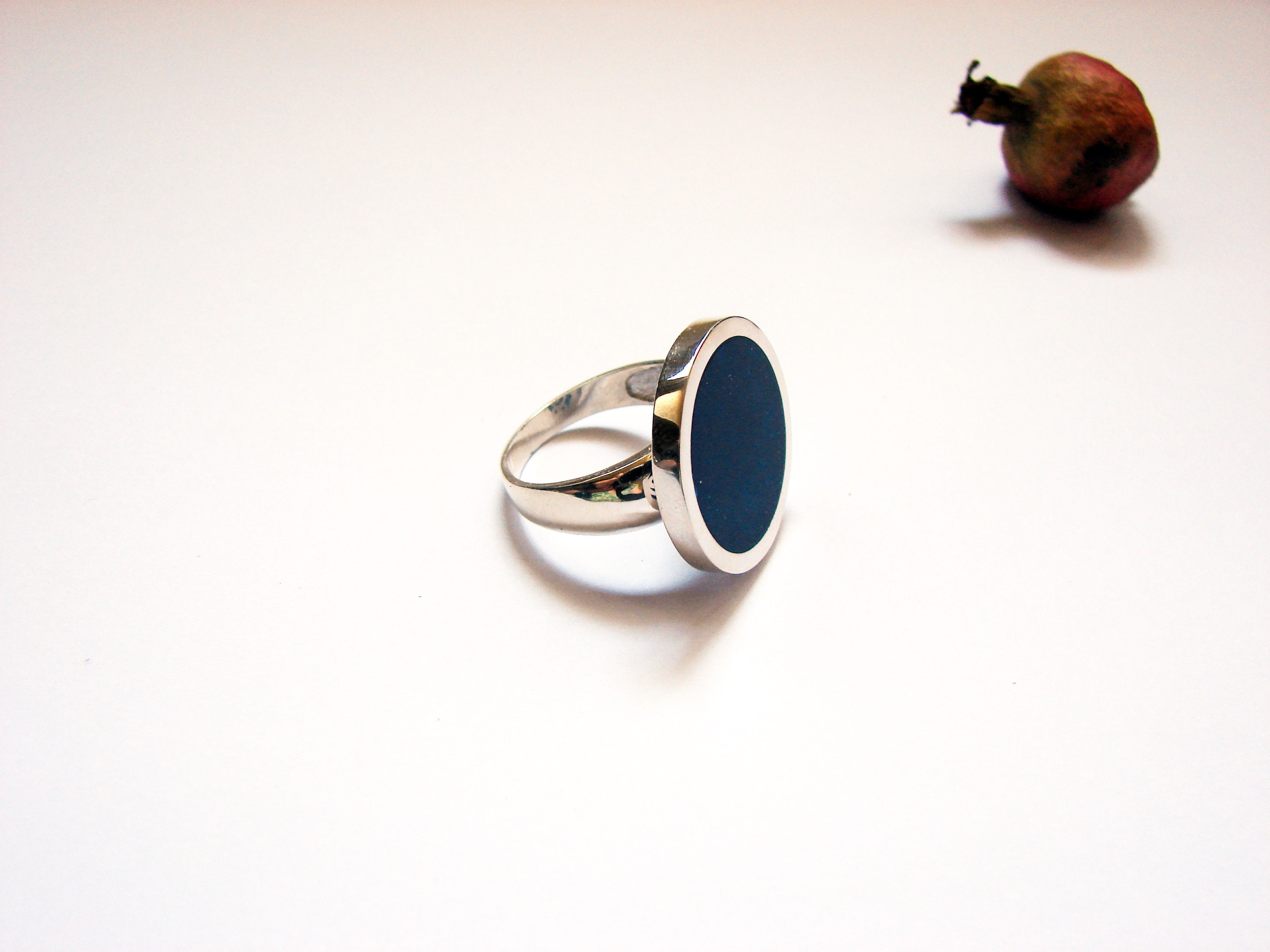 Silver Large Round Ring Blue Enamel Big Minimalist Ring Etsy UK