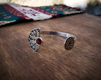 Bangle Cuff Bracelet with Armenian Ornament and Wheel of Eternity. Ethnic Style Bracelet Sterling Silver 925, Armenian Jewelry, Gift for Her