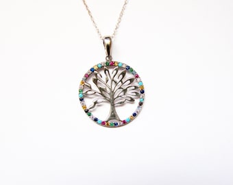 Pendant Tree of Life Sterling Silver 925 with Rainbow Zircons, Silver Chain as a Gift - Armenian Handmade Jewelry, Gift for Her