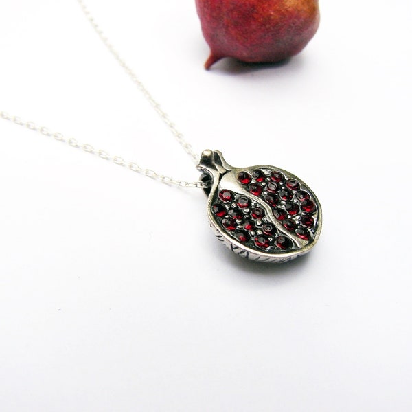 Pomegranate Pendant and Earrings Sterling Silver 925 with Red Zircons, Persephone Necklace, Armenian Handmade Jewelry, Gift for Her