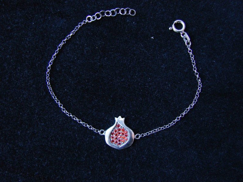 Pomegranate Bracelet 925 Sterling Silver Red Zircon, thin chain delicate bracelet Armenian Handmade Jewelry, Gift for Her image 2