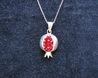 Pendant Pomegranate Sterling Silver 925 with Red Zircon, Silver chain as a gift - Armenian Handmade Jewelry, Gift for Her