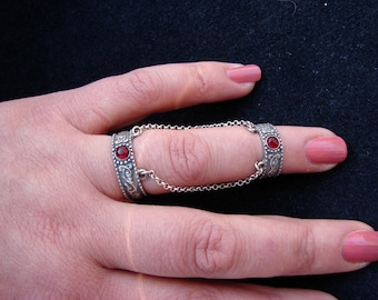 Adjustable Silver Double Ring chain linked, Red Zircon, multi-finger rings, 925 Sterling Silver Antique Style, Armenian Handmade Jewelry
