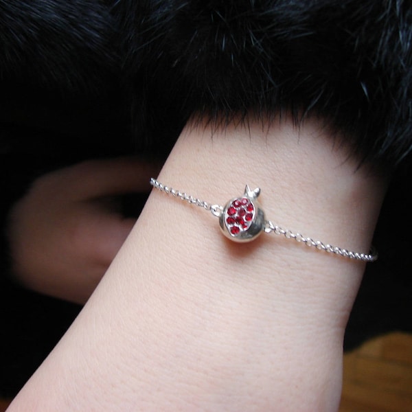 Bracelet Pomegranate Charm Sterling Silver 925 with Red Zircon, thin chain delicate bracelet - Armenian Handmade Jewelry, Gift for Her