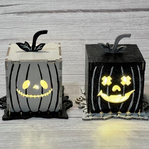 Wooden Handmade black and white pumpkin lights, Halloween decorations, hand painted