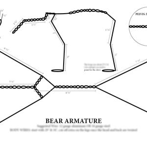 Pode incluir: Um diagrama que mostra como fazer uma armadura de urso usando fio de calibre 18. O diagrama mostra as medidas em polegadas para o corpo, as pernas e a pélvis. O texto "BEAR ARMATURE" está na parte inferior do diagrama.