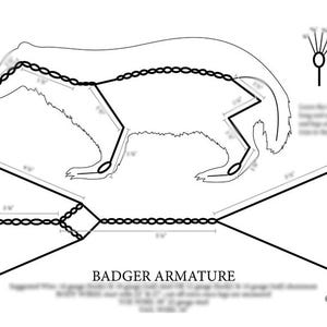 May include: A black and white line drawing of a badger armature. The armature is made up of a series of connected lines that form the shape of a badger. The drawing includes measurements in inches. The text "BADGER ARMARTURE" is at the bottom of the drawing.
