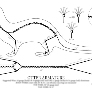 Puede incluir: Dibujo de línea de una armadura de nutria, que muestra la estructura esquelética del animal. El dibujo incluye medidas en pulgadas y etiquetas para las manos, los pies y la pelvis. El texto "OTTER ARMARTURE" está en la parte inferior del dibujo.