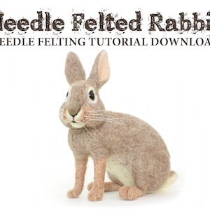 Peut inclure: Un lapin en feutre aiguille, un projet artisanal, avec une fourrure brune, un ventre blanc et de longues moustaches. L'image comprend le texte "Needle Felted Rabbit" et "Needle Felting Tutorial Download".