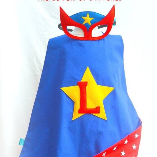 Personalised name superhero cape and mask set, red and blue stars