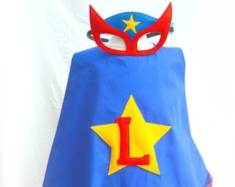 Personalised name superhero cape and mask set, red and blue stars