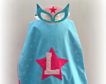 Personalised name Superhero Cape and Mask Set turquoise and pink