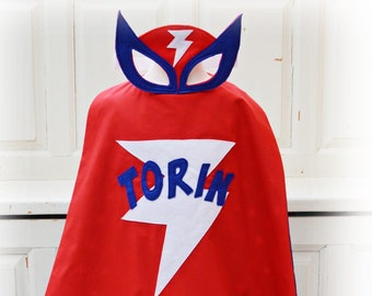 Personalised name superhero cape and mask set, red, white and blue