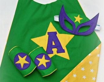 Personalised superhero cape, mask and cuffs set, green and yellow stars