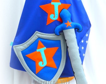 Boys Personalised Superhero Set Costume inc, cape, mask, shield and sword * made from felt *