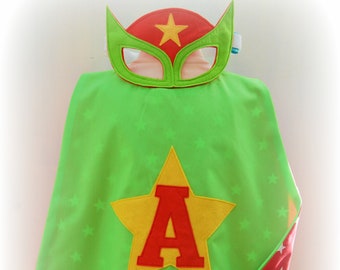 Personalised Superhero Cape and Mask Set apple green and red