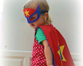 Personalised name superhero cape and mask set, red and blue stars