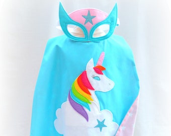 Blue and pink rainbow unicorn superhero cape and mask set