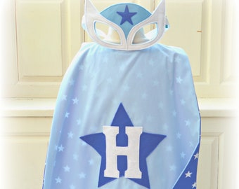 Personalised superhero cape and mask set, blue and white stars