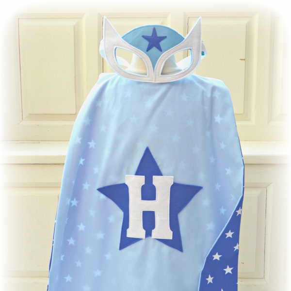Personalised superhero cape and mask set, blue and white stars