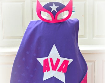 Personalised name superhero cape and mask set, purple and pink stars