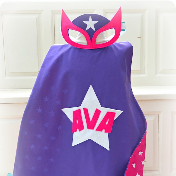 Personalised name superhero cape and mask set, purple and pink stars